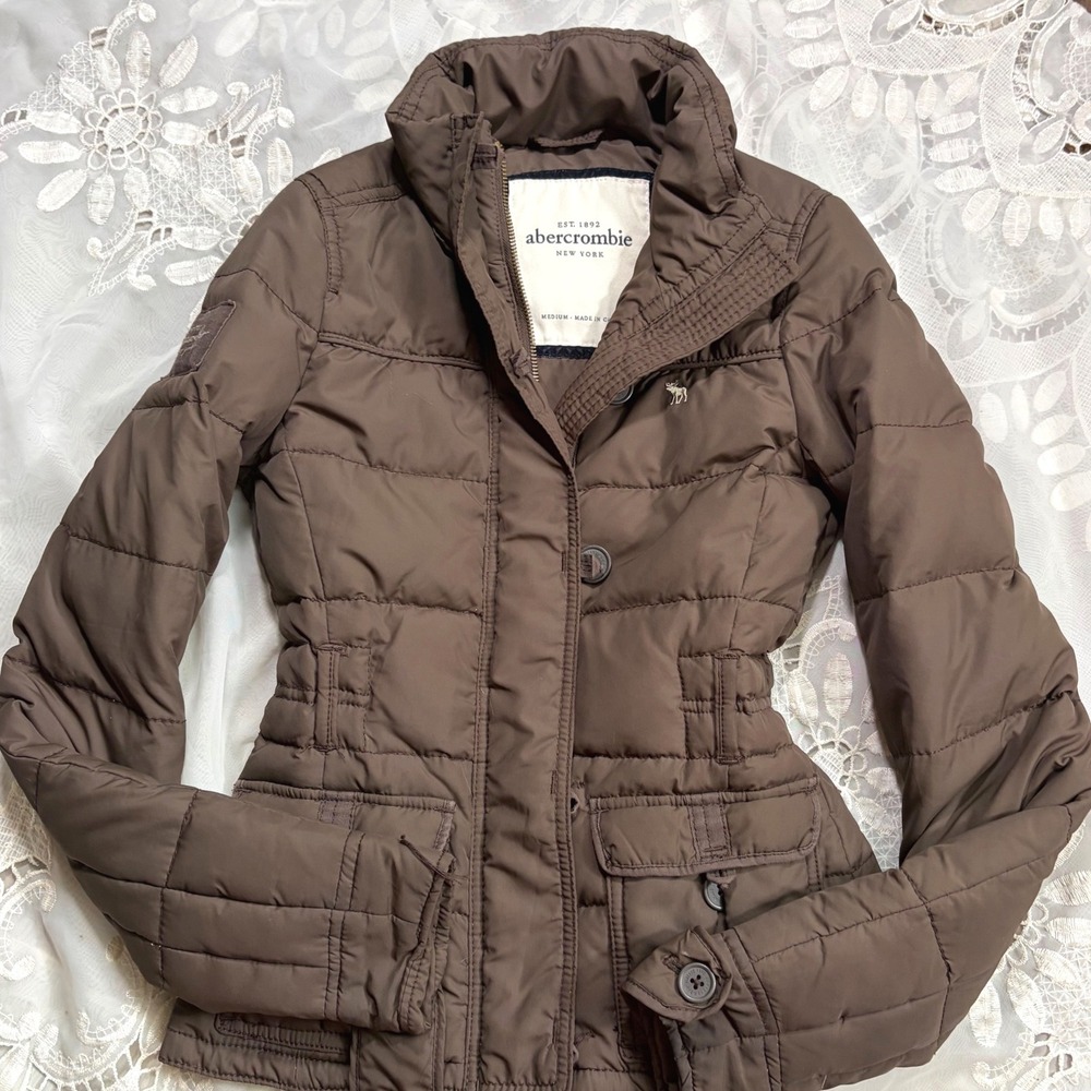 Y2K Fall Abercrombie & Fitch Brown Quilted Puffer Jacket Coat Medium Moose Logo